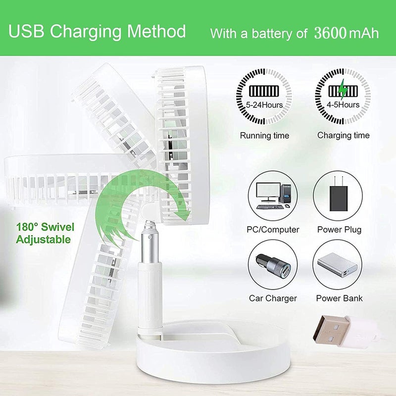 LOREAD Portable Desk Fan,Foldable Fan Pedestal Stand Floor Fan with Remote Controller Adjustable Height from 14.2'' to 39'', 4 Speeds, 7200mAh Rechargeable Telescopic USB Charging - Image 3